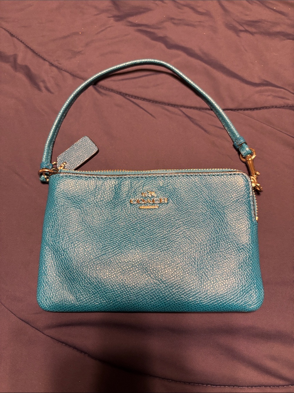Coach Teal Pebbled Leather Wristlet with Gold Hardware